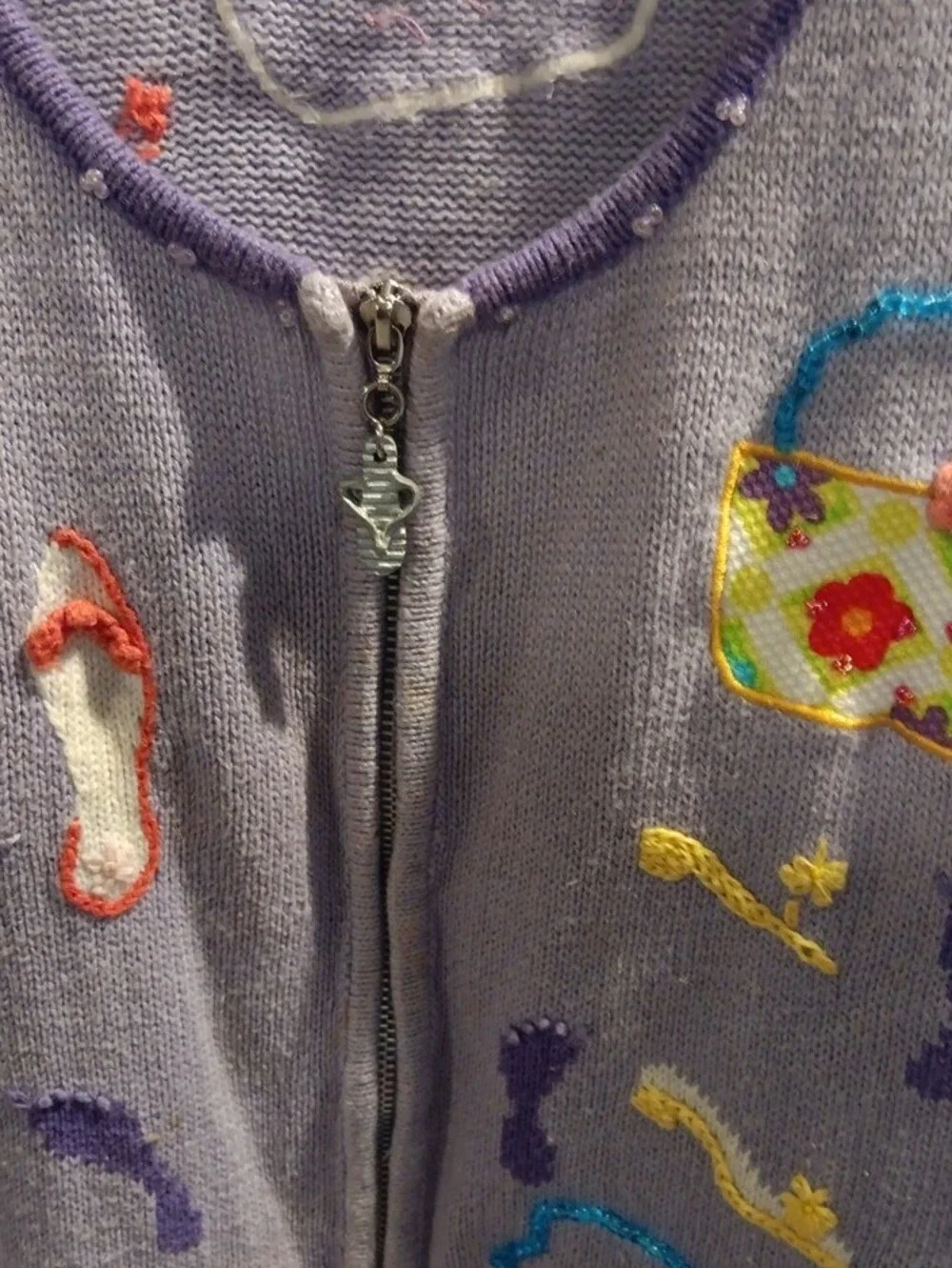 Storybook Knits Lavender Zip-Front Cardigan with Colorful Appliqués